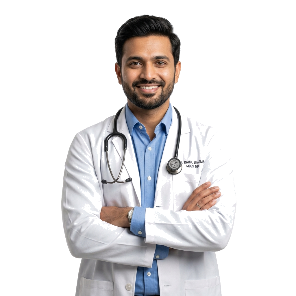 Reassuring smiling Indian male doctor standing confidently with folded arms at Gajanan Hospital & Critical Care