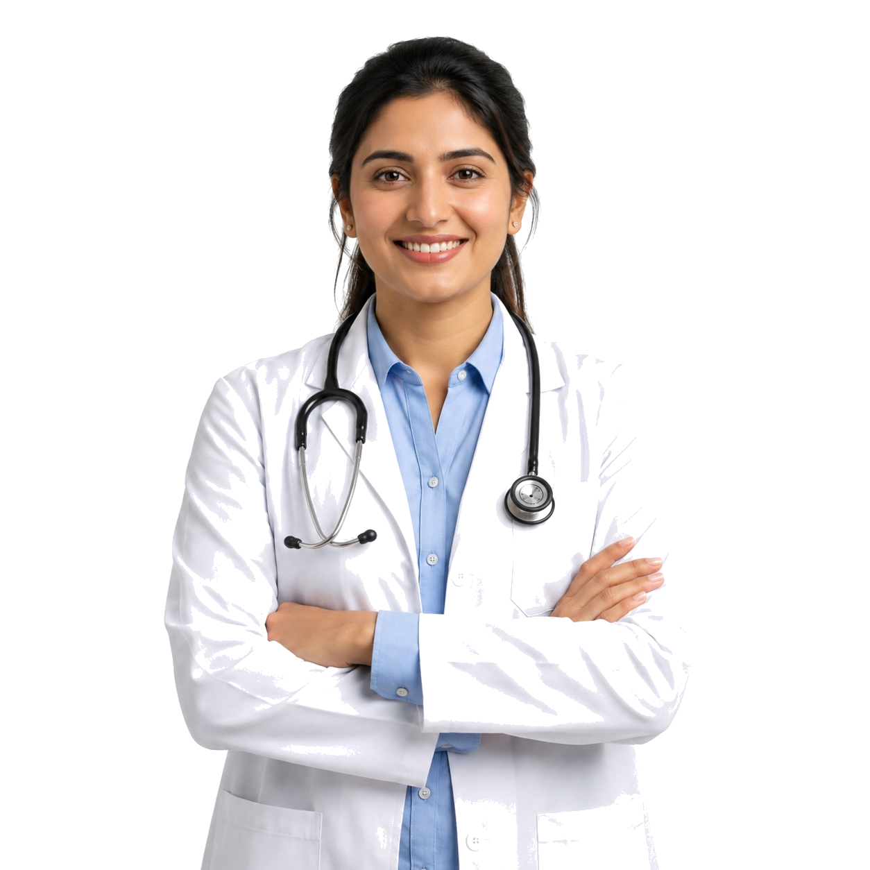 Reassuring smiling Indian female doctor standing confidently with folded arms at Gajanan Hospital & Critical Care